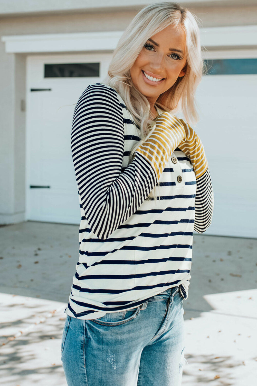 Striped Color Block Henley Top -
