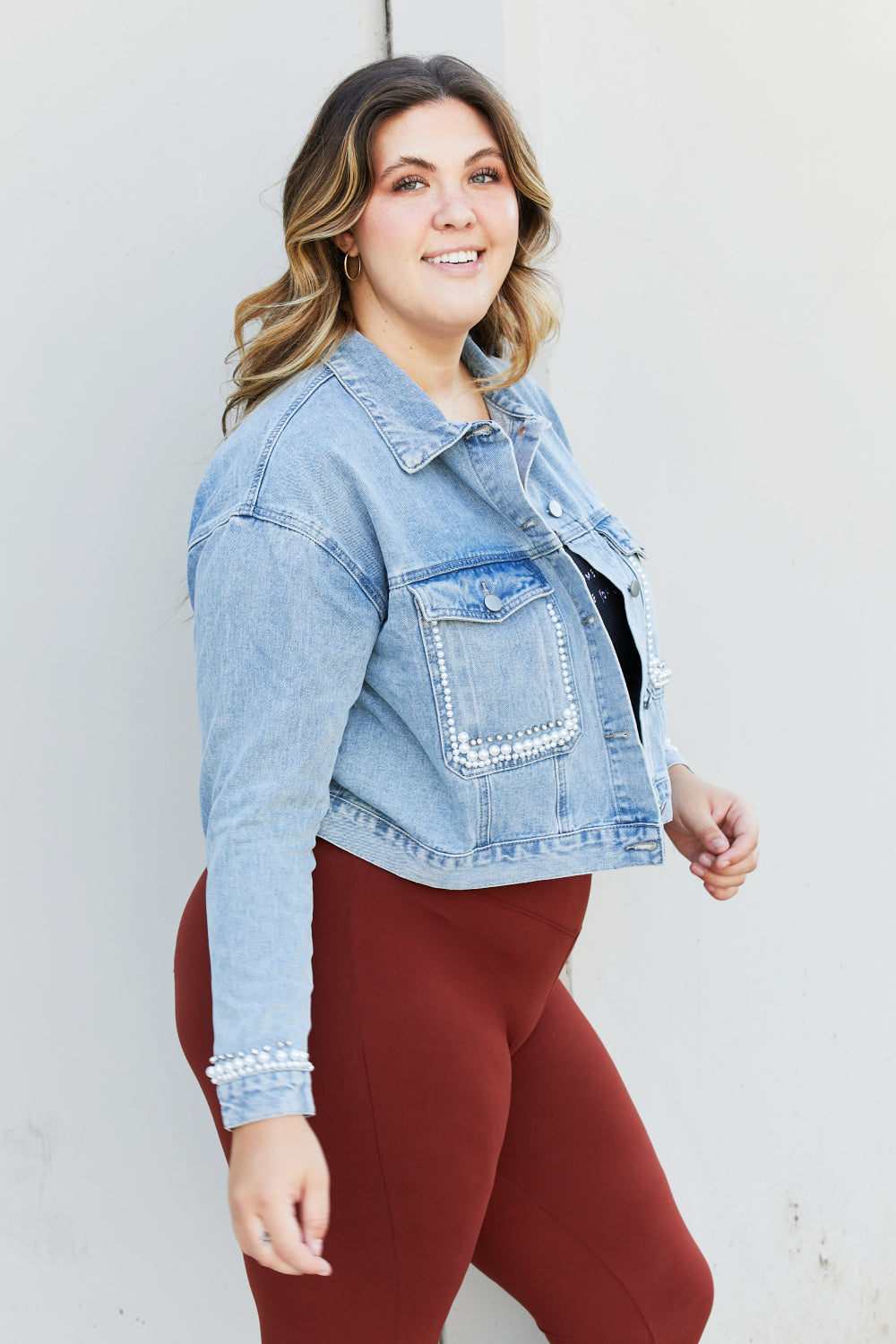 Andree by Unit Full Size Pearl Trim Cropped Denim Jacket -