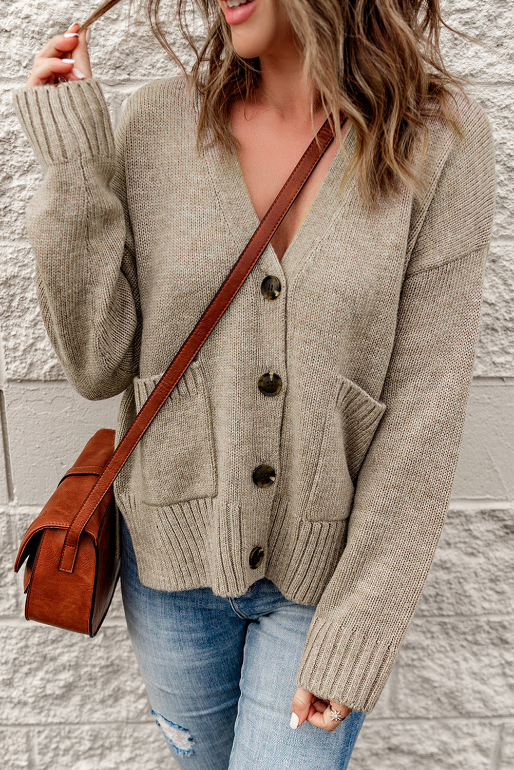 Ribbed Trim Button Down Cardigan with Pockets -