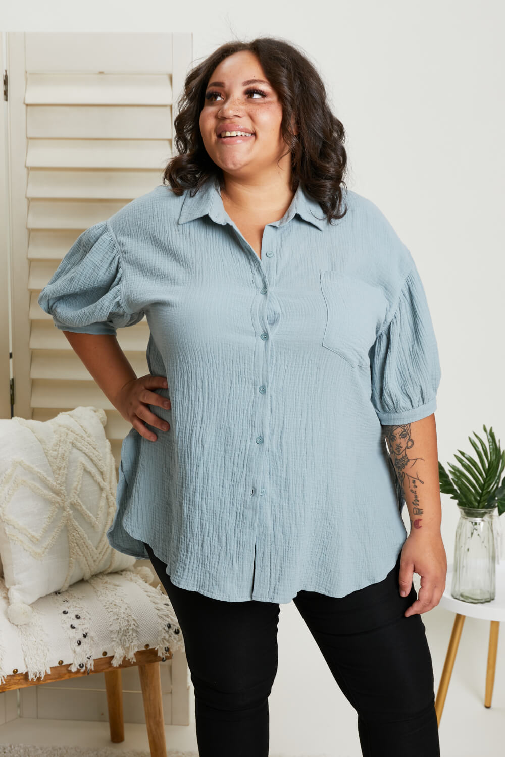 GeeGee La La Land Gauze Button-Up Tunic in Sage -