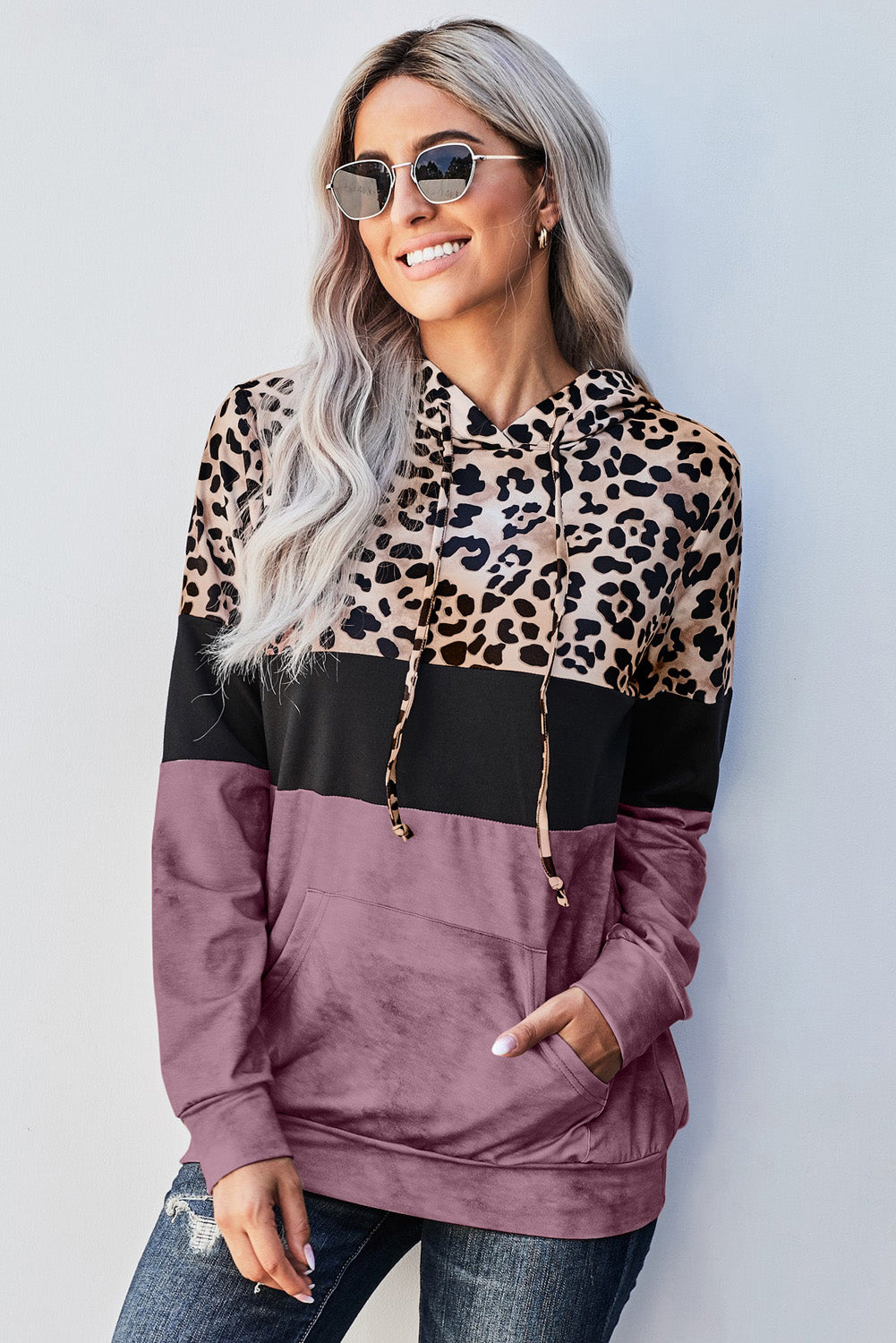 Leopard Color Block Hoodie - Rose / S