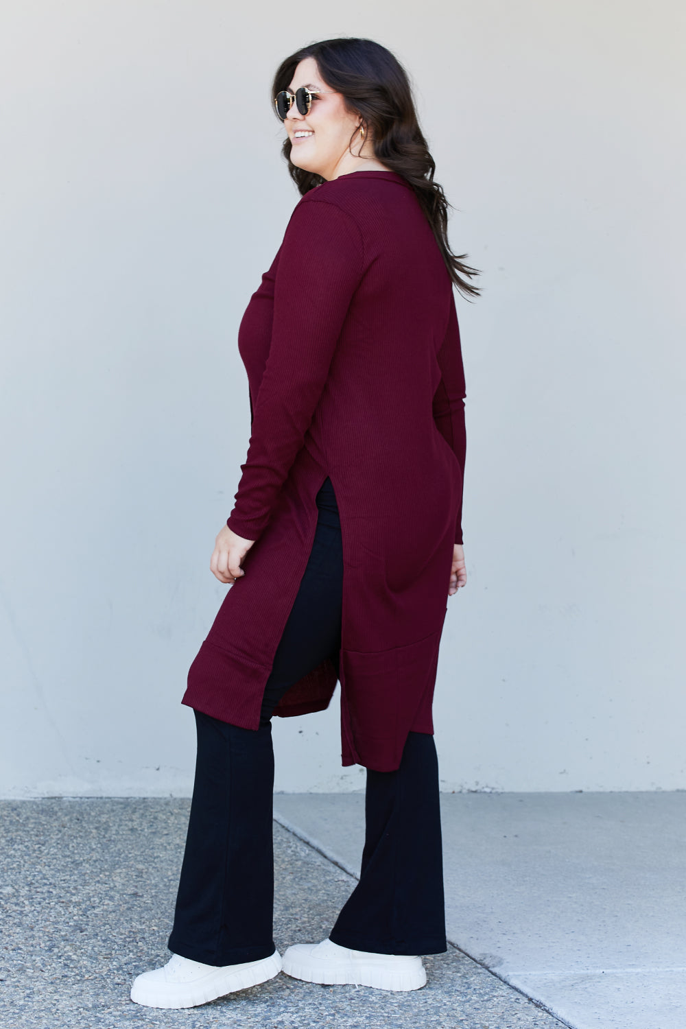 Zenana Autumn Aura Full Size Ribbed Longline Cardigan in Dark Burgundy -