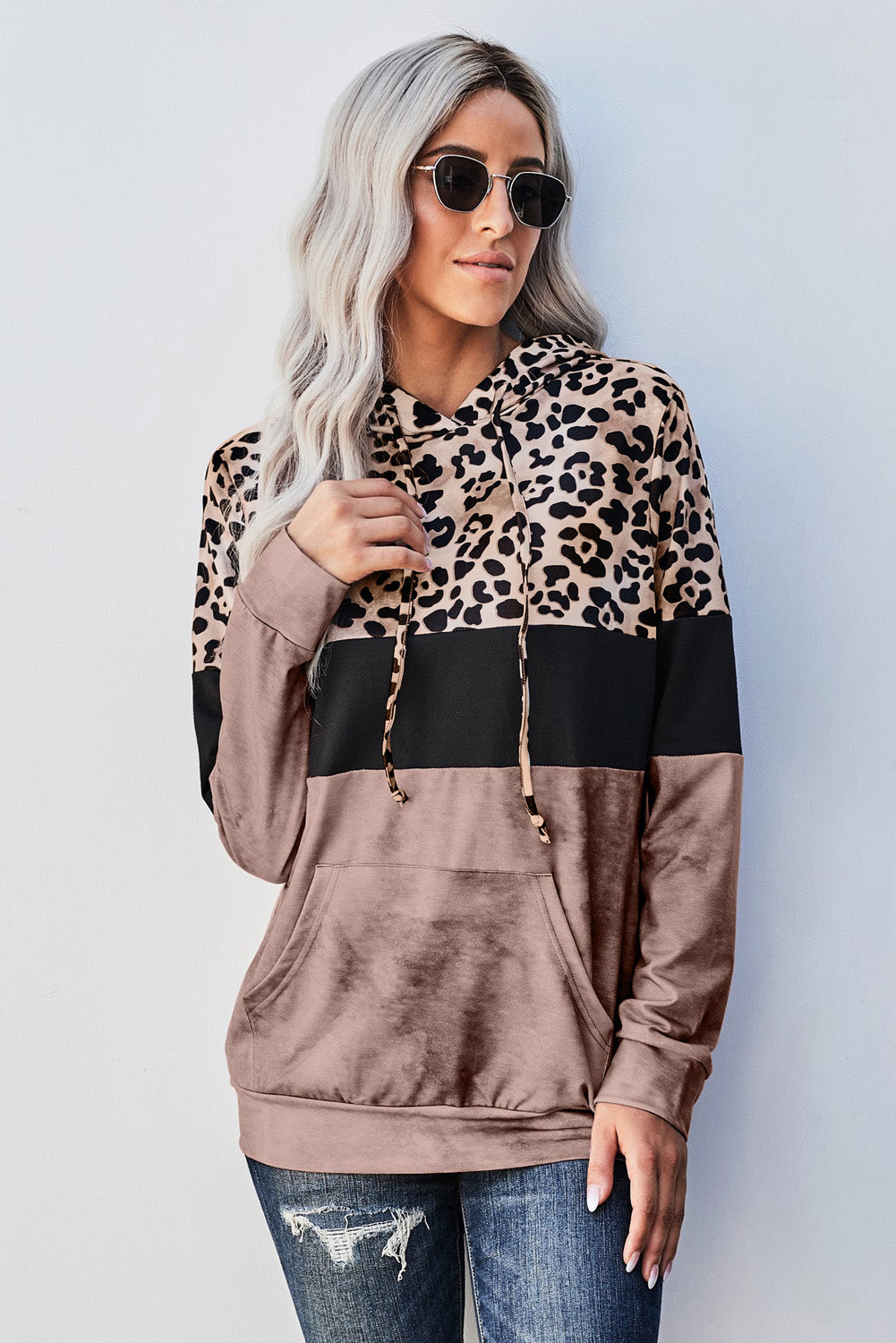 Leopard Color Block Hoodie - Brown / S