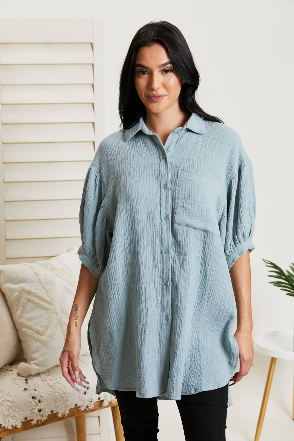 GeeGee La La Land Gauze Button-Up Tunic in Sage -