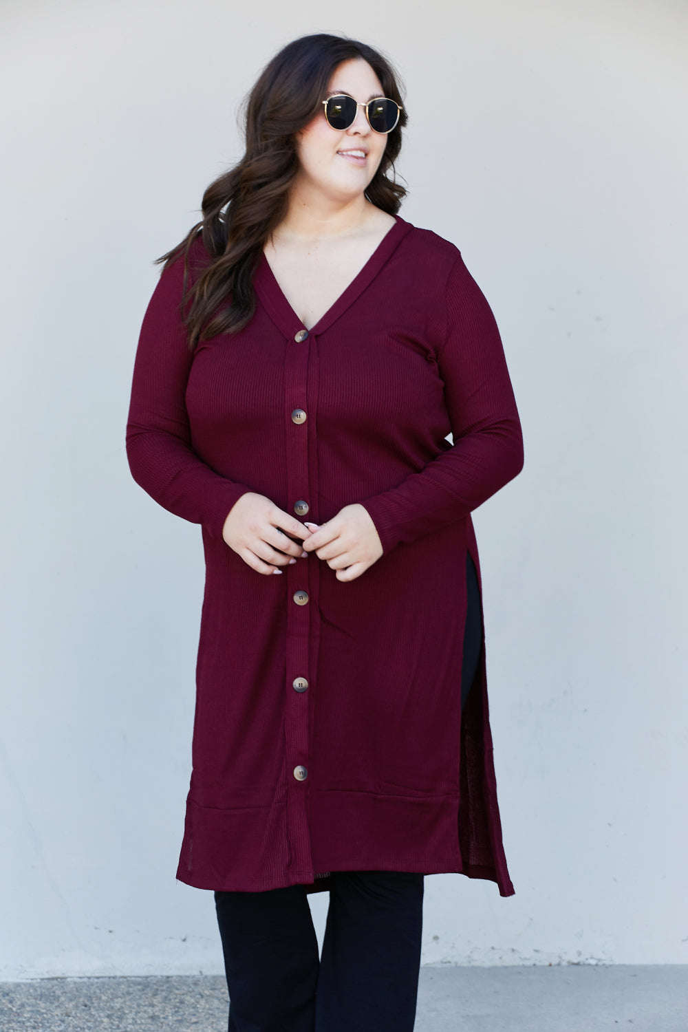 Zenana Autumn Aura Full Size Ribbed Longline Cardigan in Dark Burgundy -