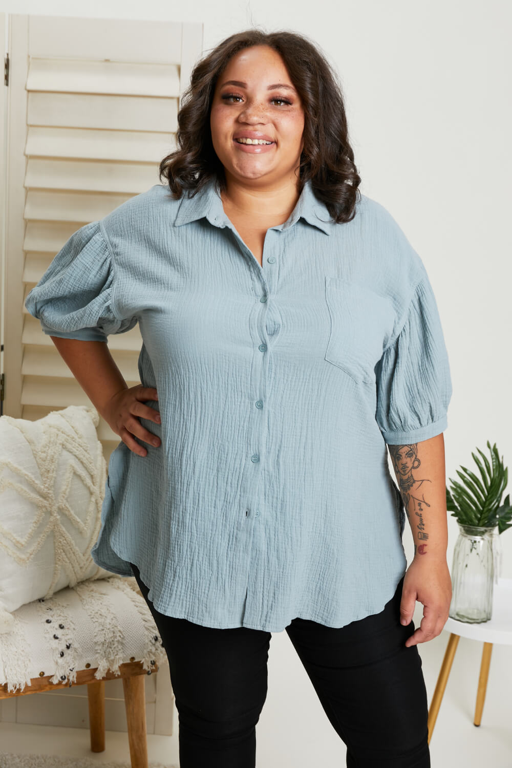 GeeGee La La Land Gauze Button-Up Tunic in Sage - Sage / S