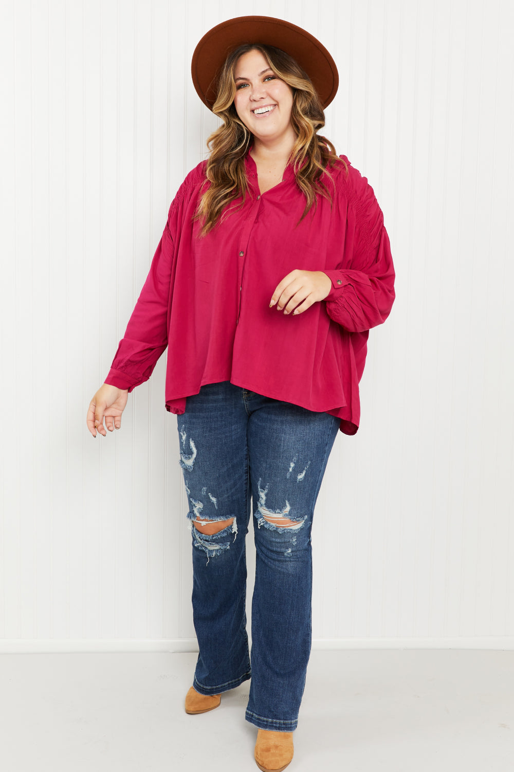 Andree by Unit Delectable Taste Full Size Ruched Detail Button-Down Shirt -