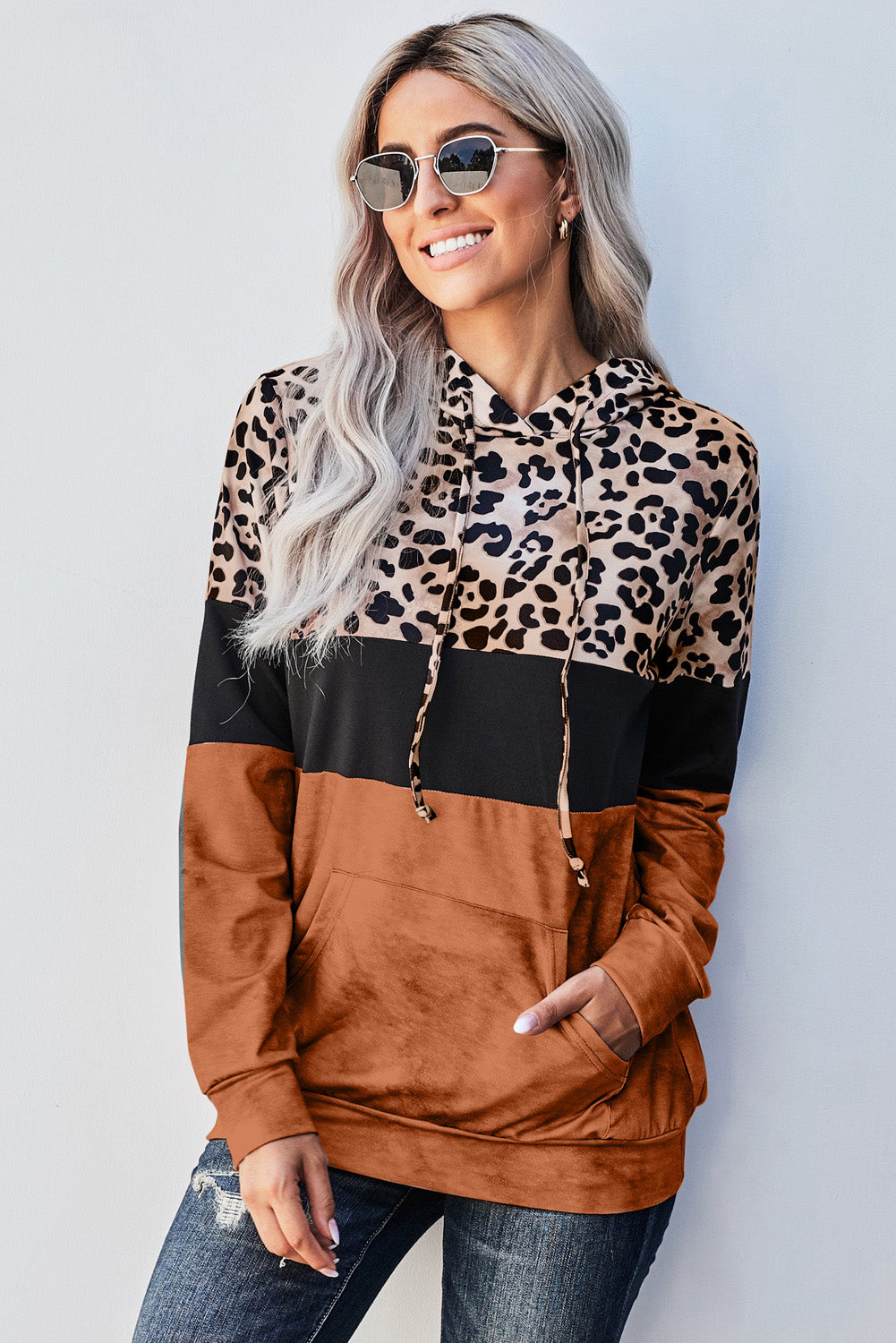 Leopard Color Block Hoodie - Orange / S