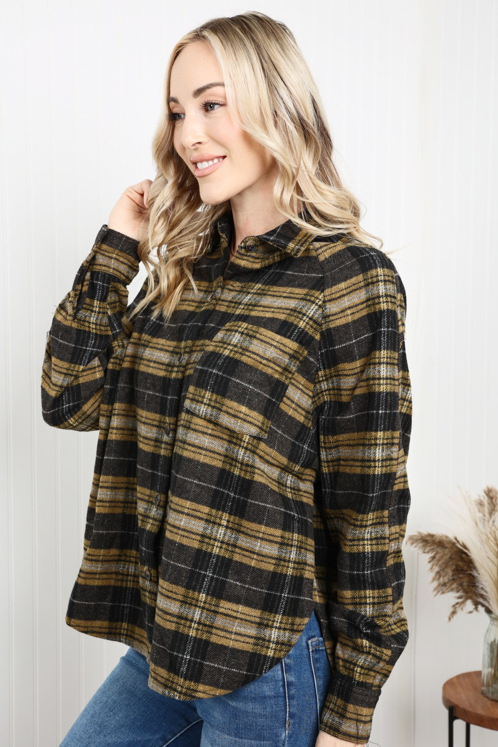 HYFVE Plaid Raglan Sleeve Slit Shirt -