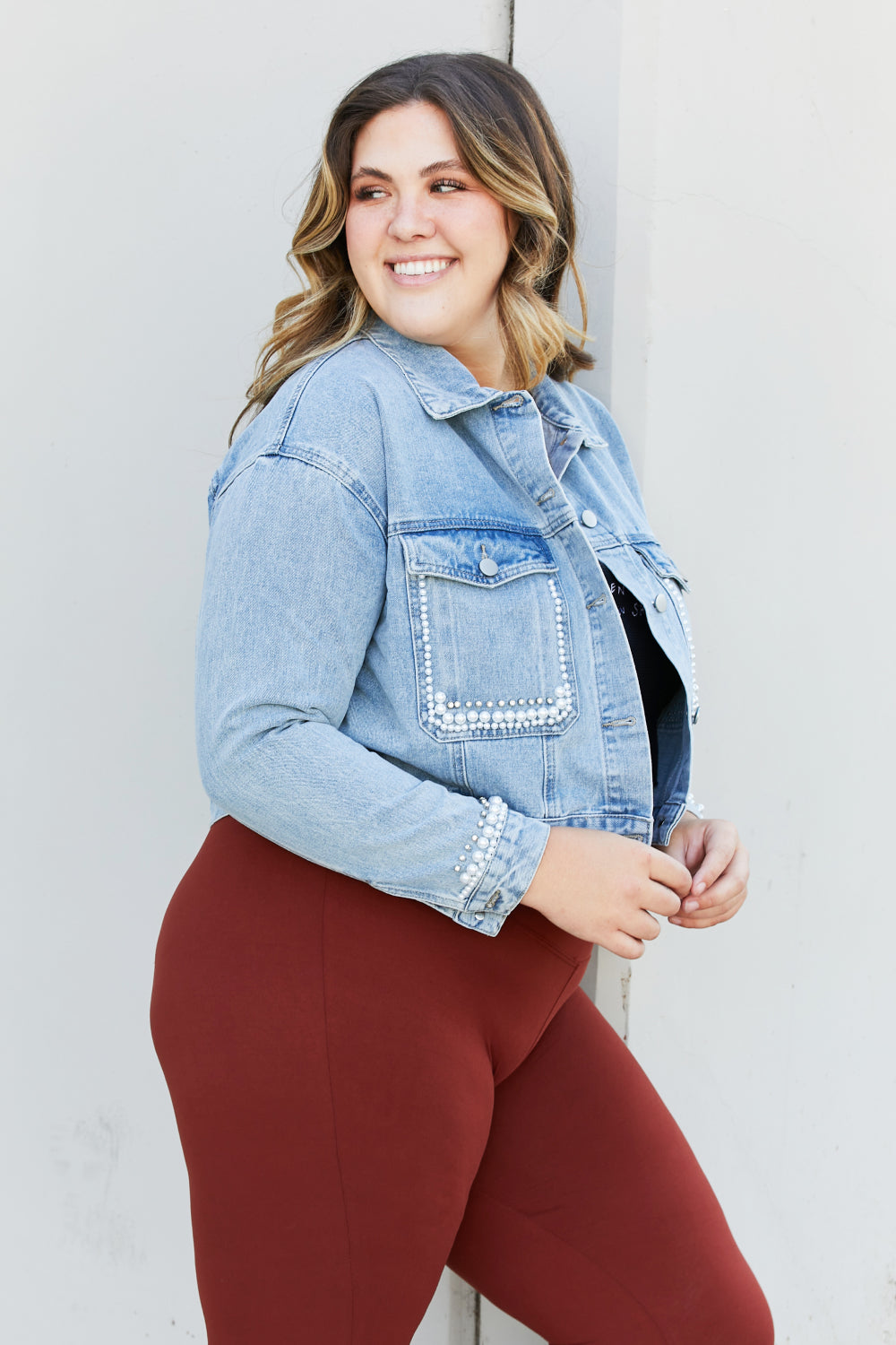 Andree by Unit Full Size Pearl Trim Cropped Denim Jacket -