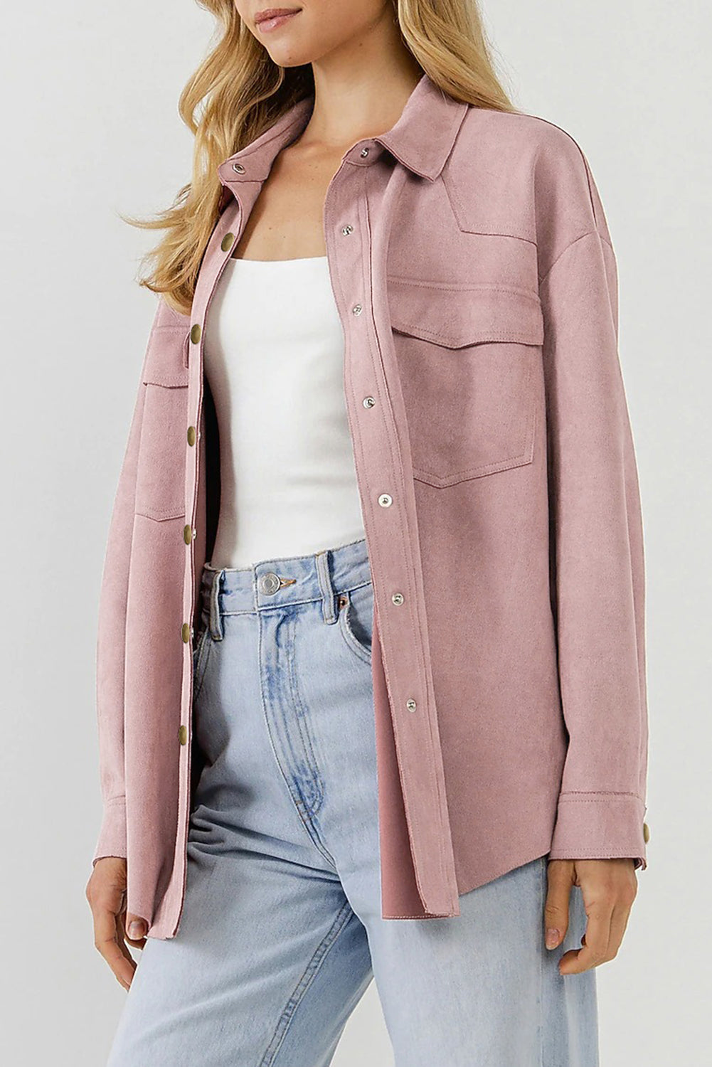 Suede Snap Front Dropped Shoulder Jacket -