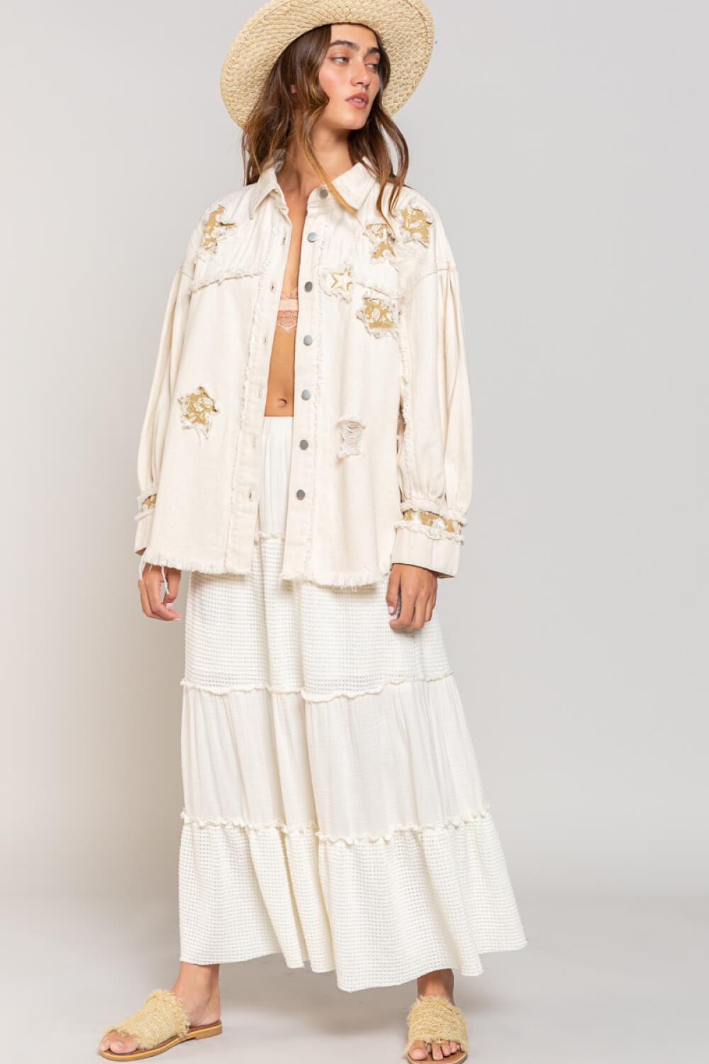 POL Star Patch Distressed Fringe Button-Up Denim Jacket in Oatmilk -