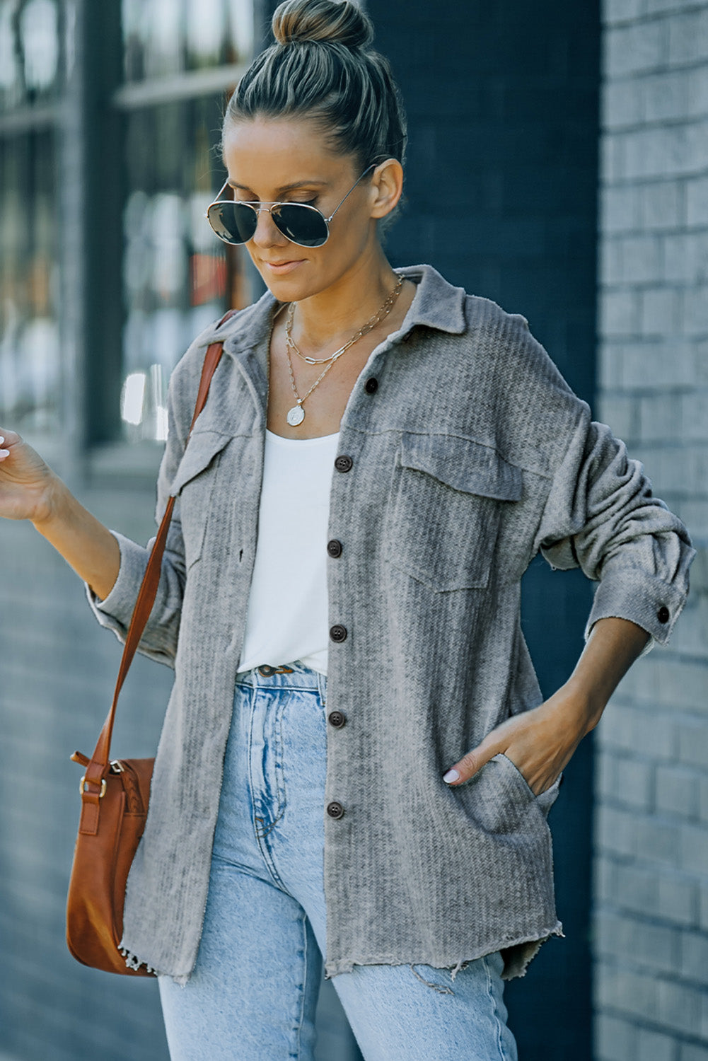 Textured Button Down Shirt Jacket with Pockets -