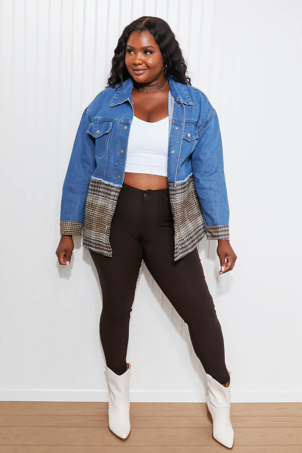 CY Fashion Porch Views Plaid Spliced Denim Jacket -