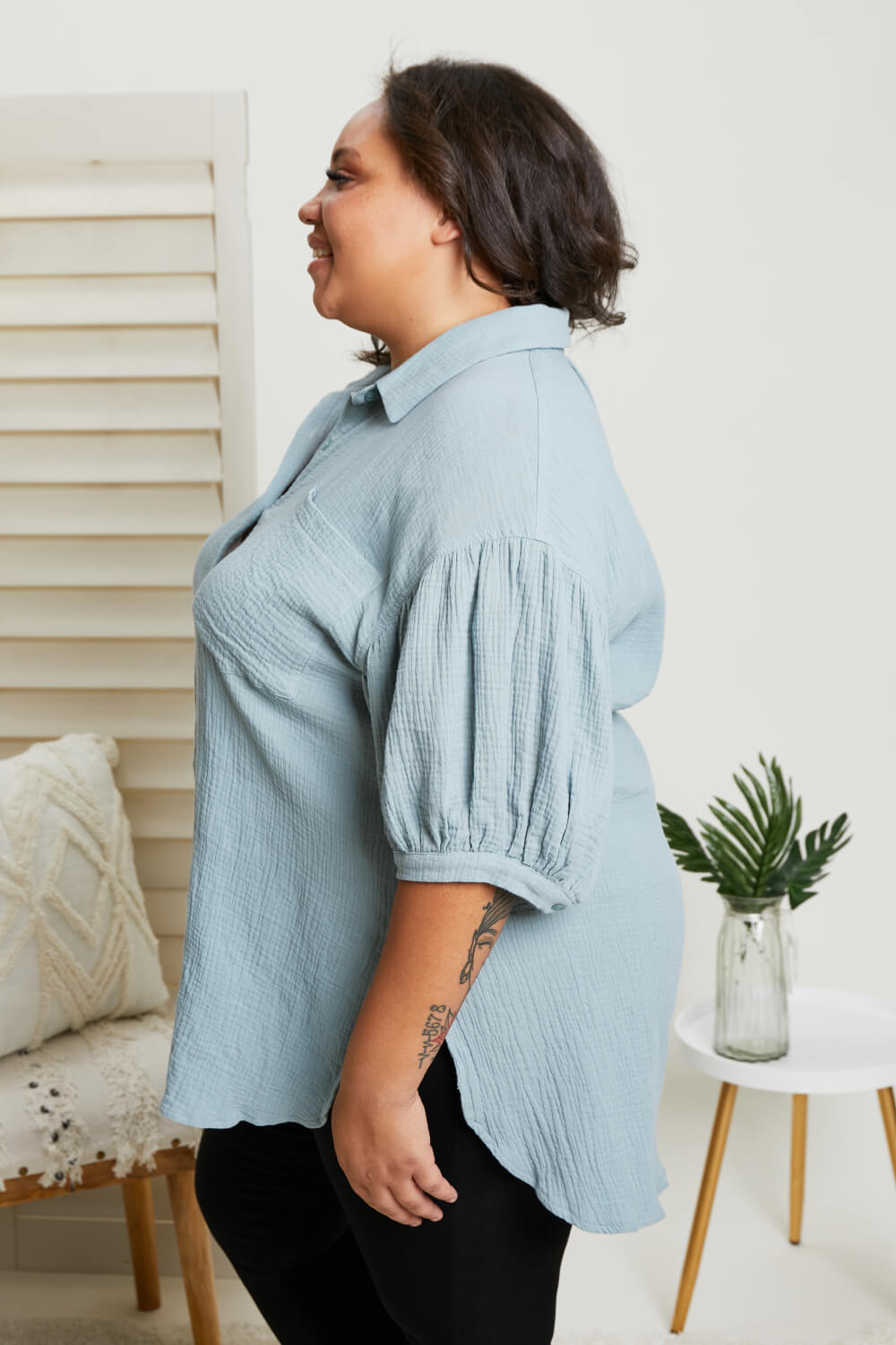 GeeGee La La Land Gauze Button-Up Tunic in Sage -