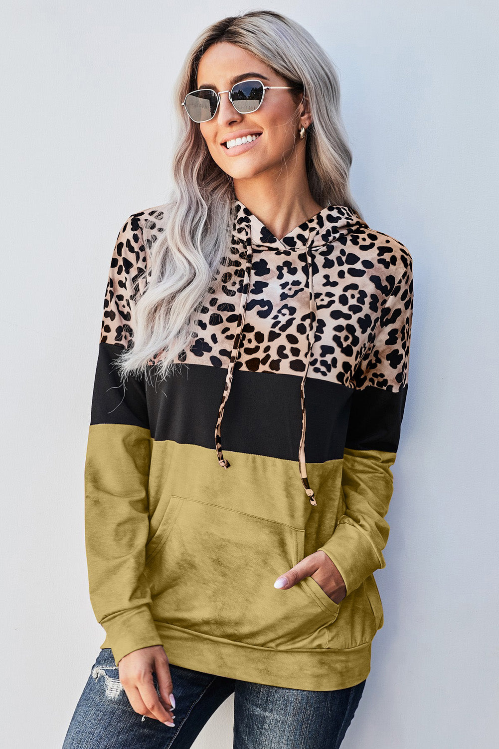 Leopard Color Block Hoodie - Yellow / S