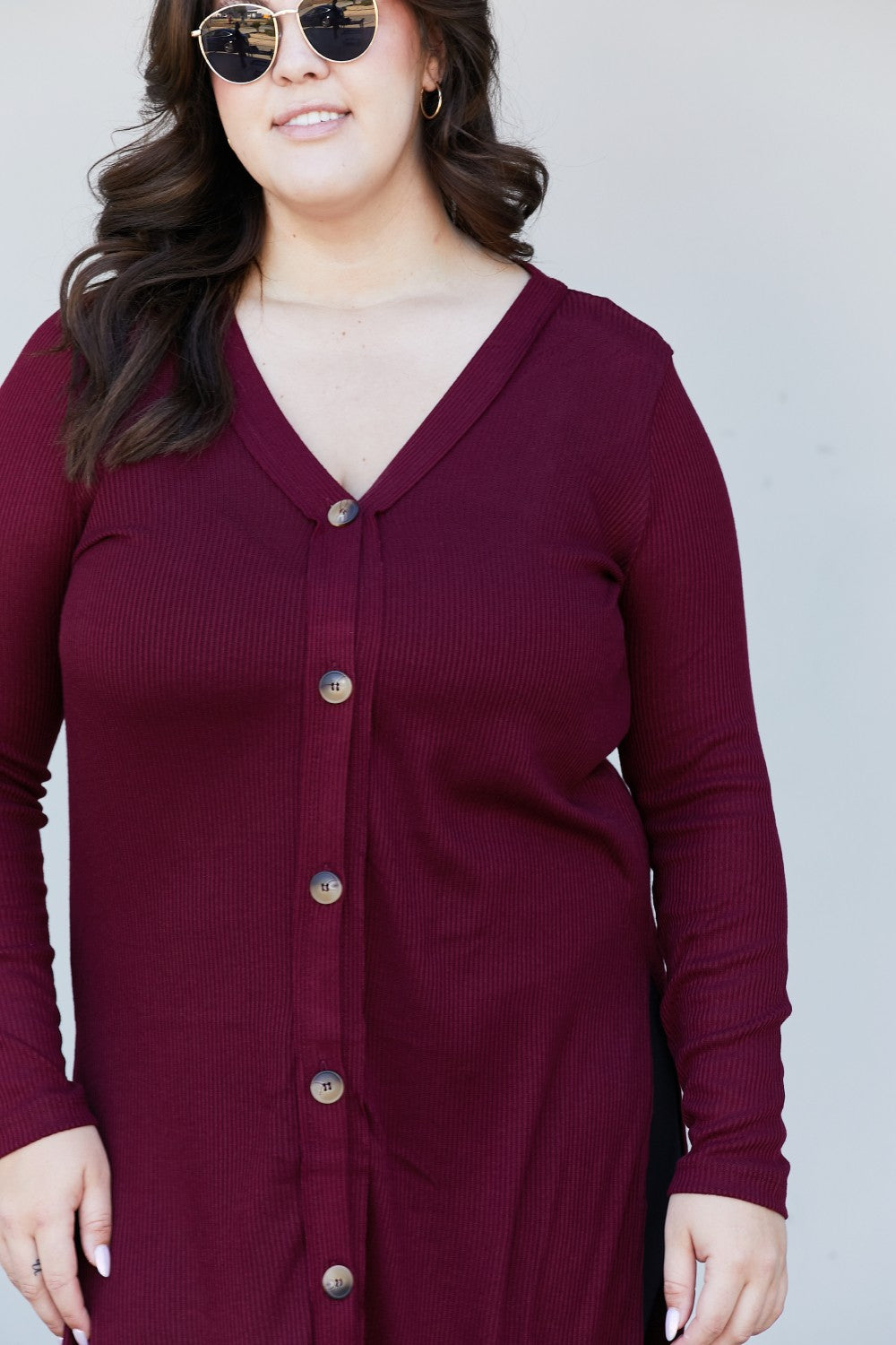 Zenana Autumn Aura Full Size Ribbed Longline Cardigan in Dark Burgundy -