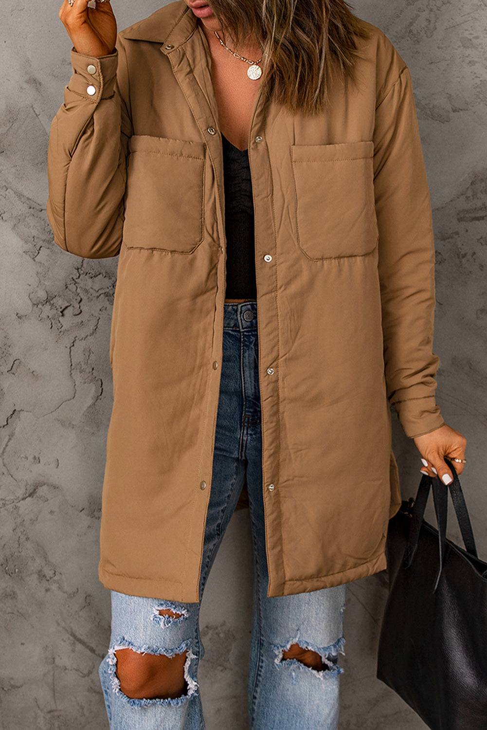 Snap Down Side Slit Jacket with Pockets -