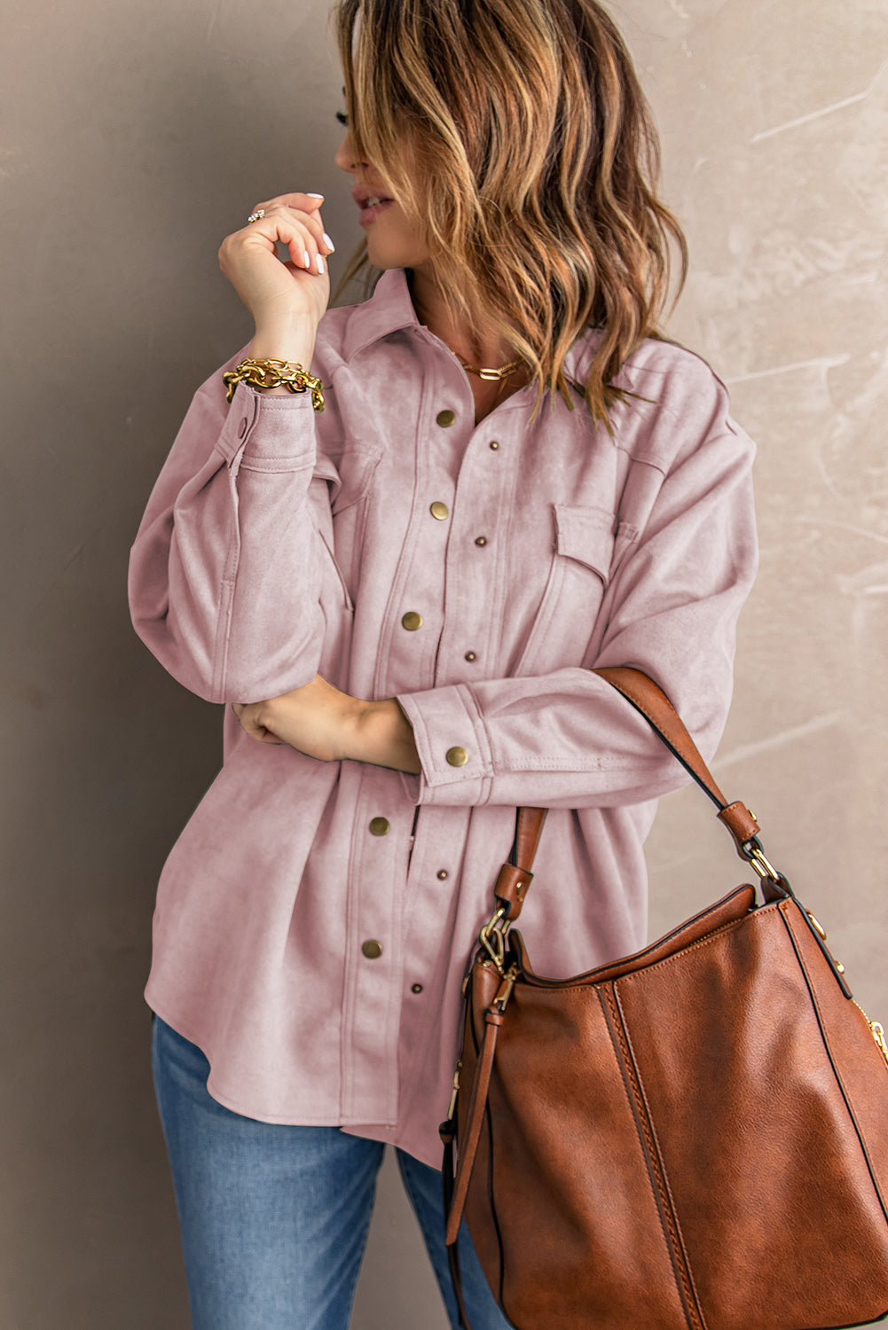 Suede Snap Front Dropped Shoulder Jacket -