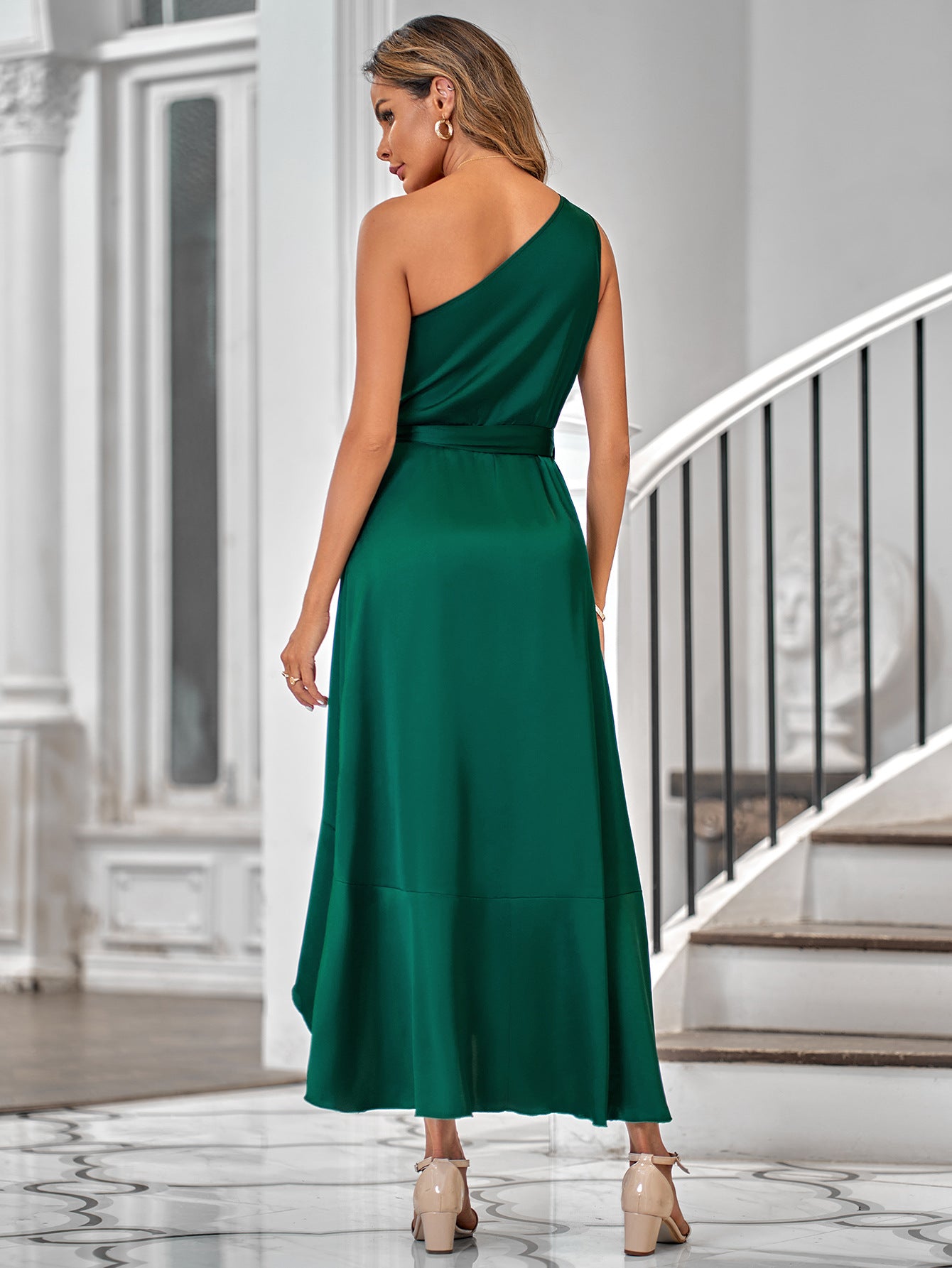 One-Shoulder Belted Ruffle Hem Dress -