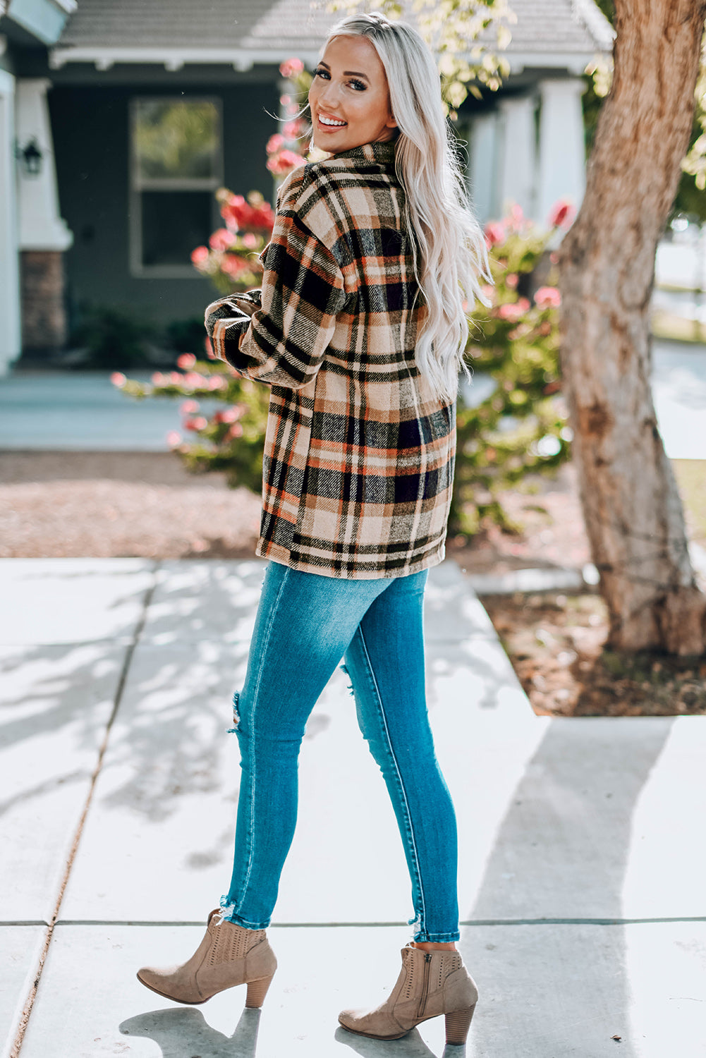 Plaid Button Front Shirt Jacket with Breast Pockets -