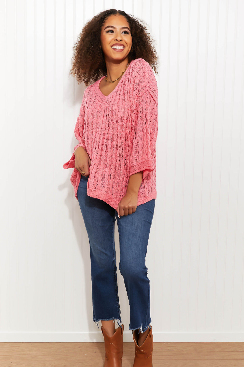 POL My Way Cable Knit Flare Sleeve Sweater -