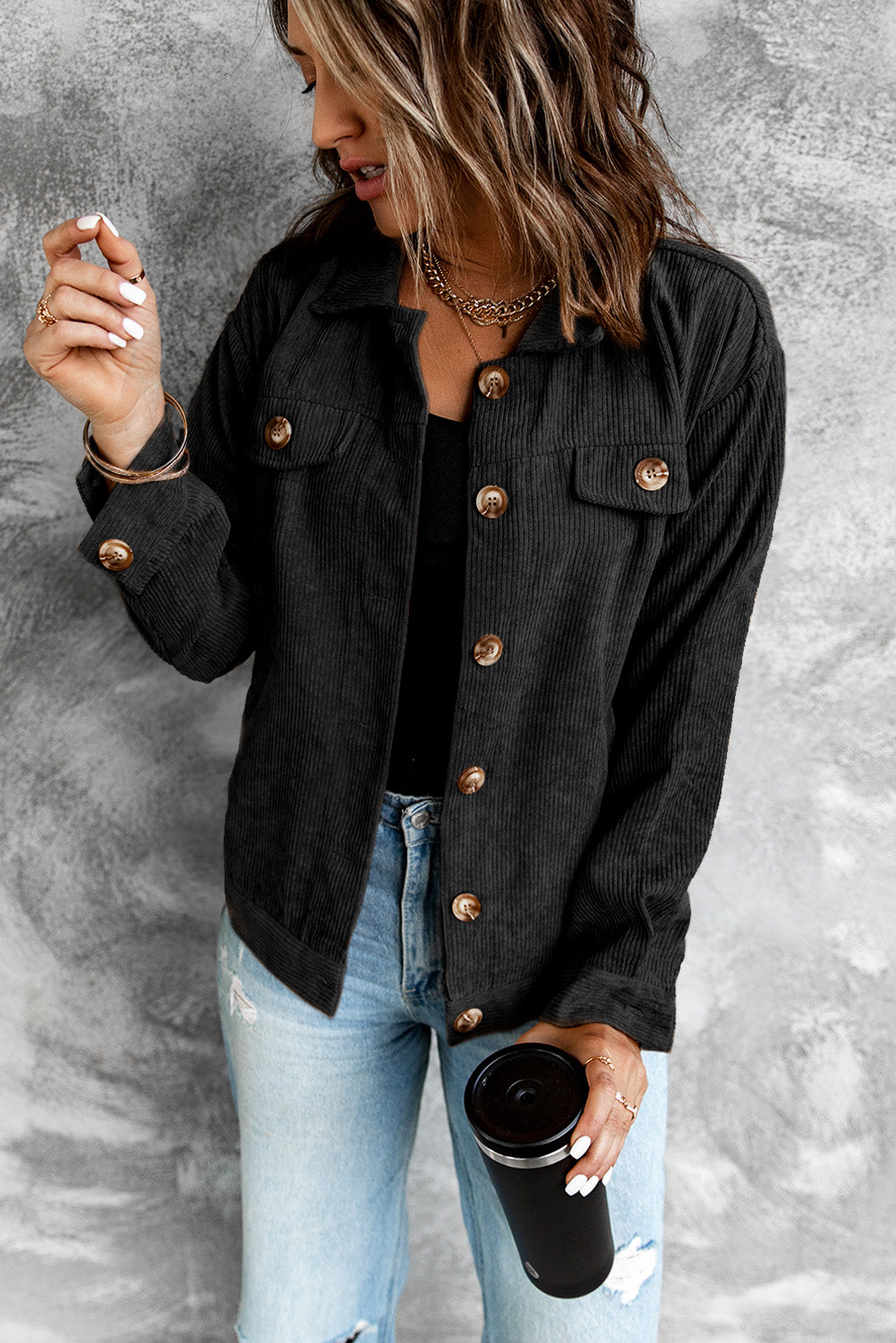 Corduroy Long Sleeve Jacket - Black / S