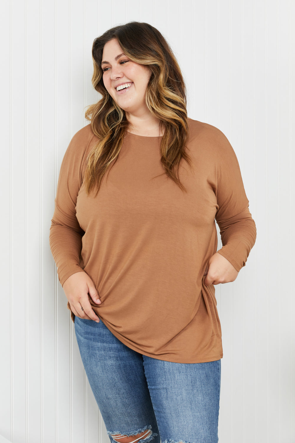 Zenana Full Size Round Neck Dropped Shoulder Tunic Top in Deep Camel -