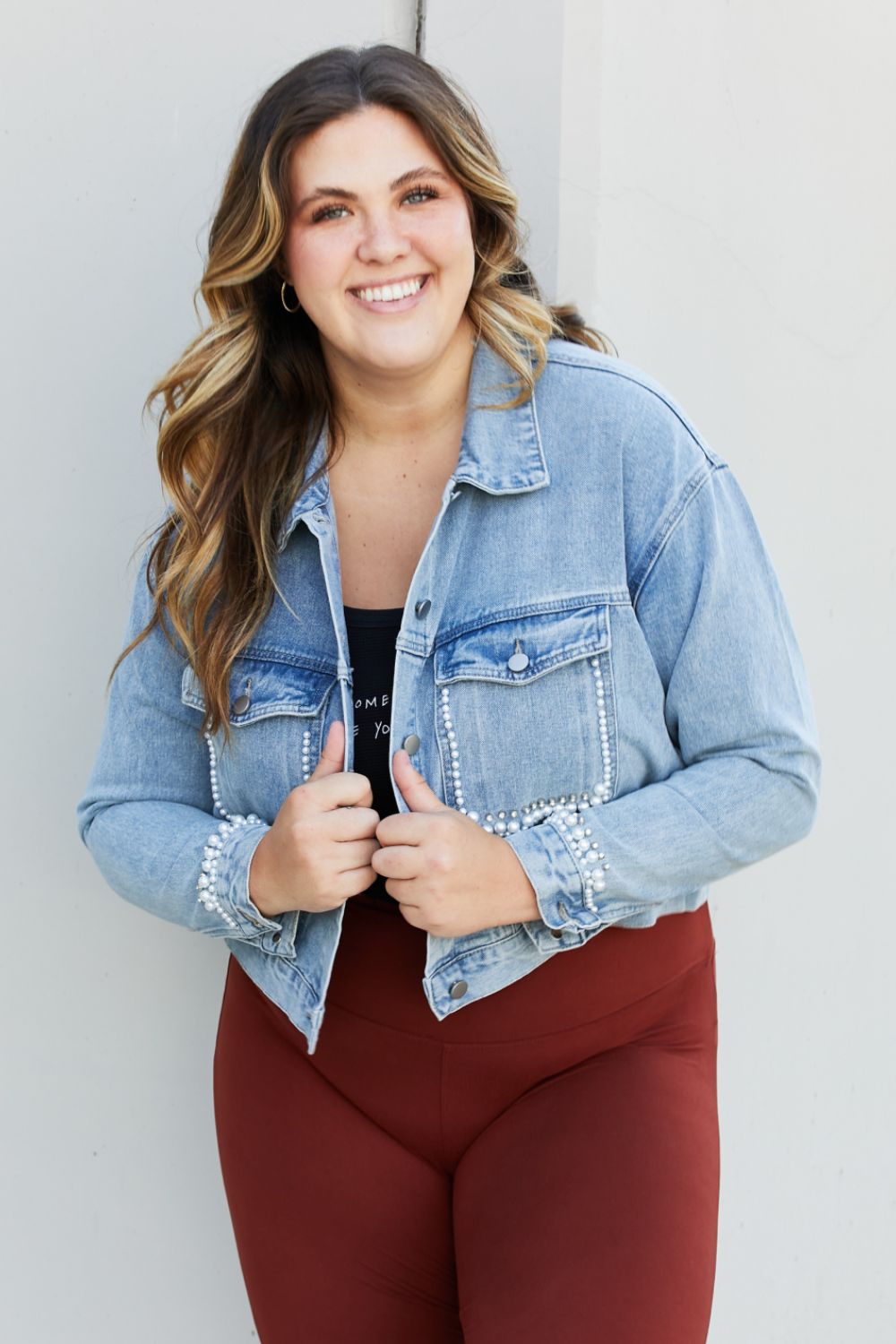Andree by Unit Full Size Pearl Trim Cropped Denim Jacket -