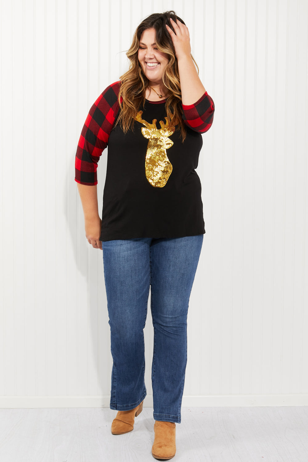 Acting Pro Oh Deer Full Size Sequin Plaid Sleeves Top -