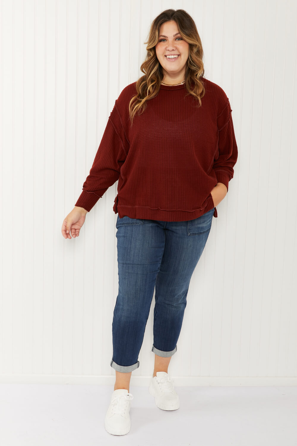 Zenana Alta Heights Full Size Waffle Knit Exposed Seam Sweater -