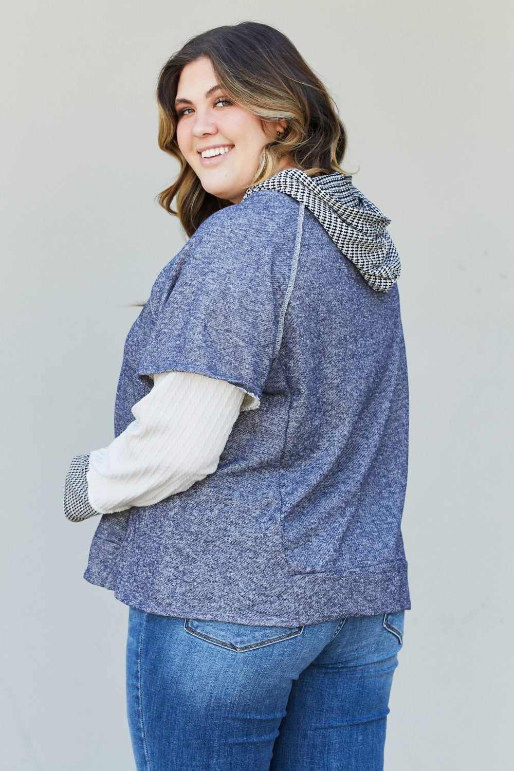Sugarfox Full Size Contrast Faux Layered Exposed Seam Hoodie -