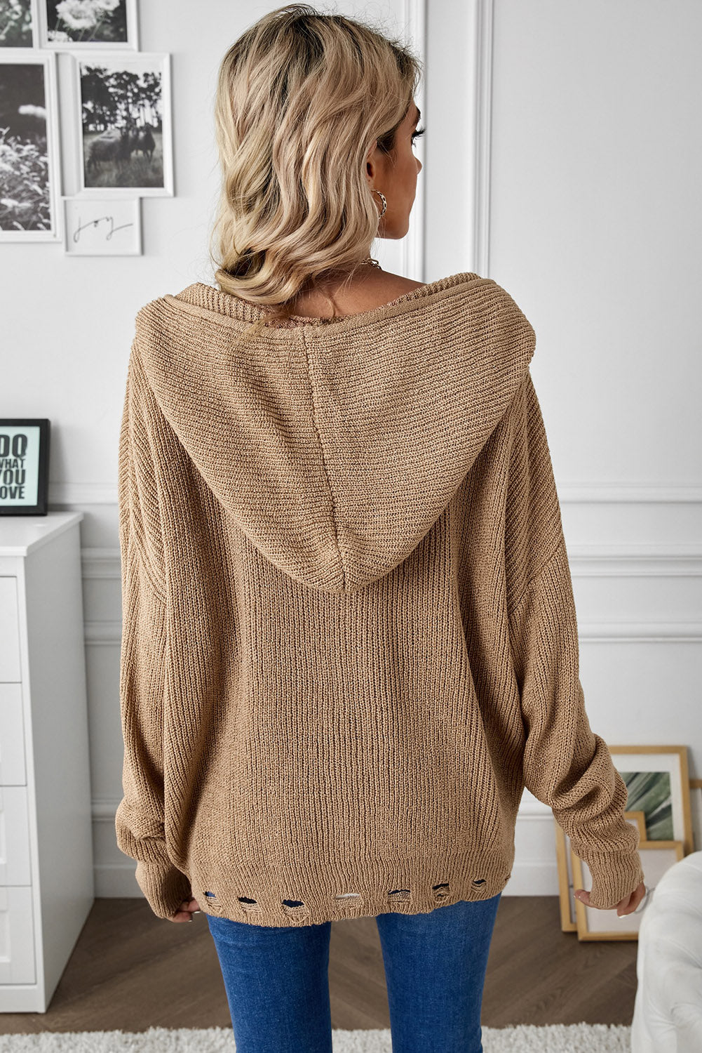 Zip-Up Distressed Hooded Cardigan -