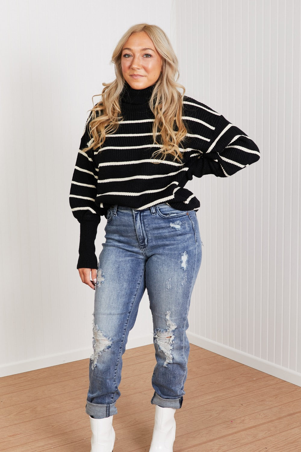 CY Fashion No Worries Striped Turtleneck Sweater -