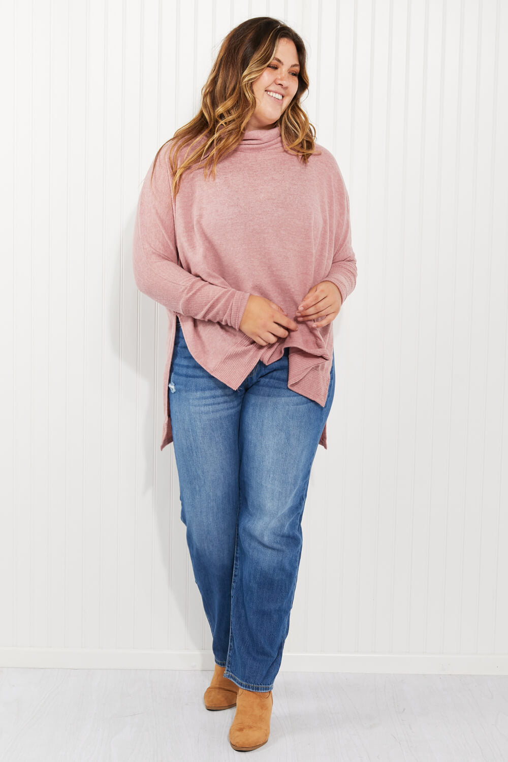 Zenana Love and Cuddles Full Size Cowl Neck Poncho Sweater in Light Rose -