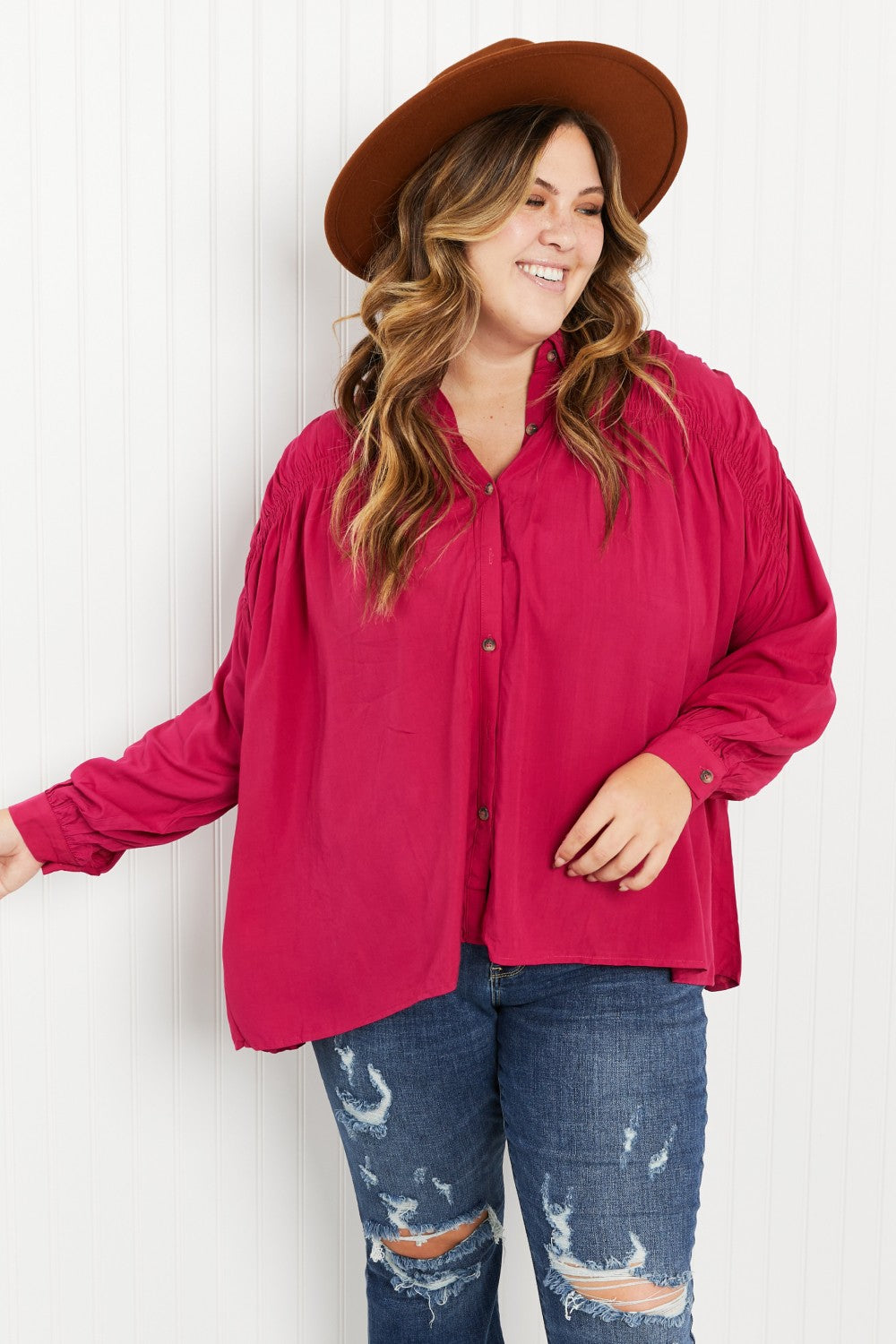Andree by Unit Delectable Taste Full Size Ruched Detail Button-Down Shirt -