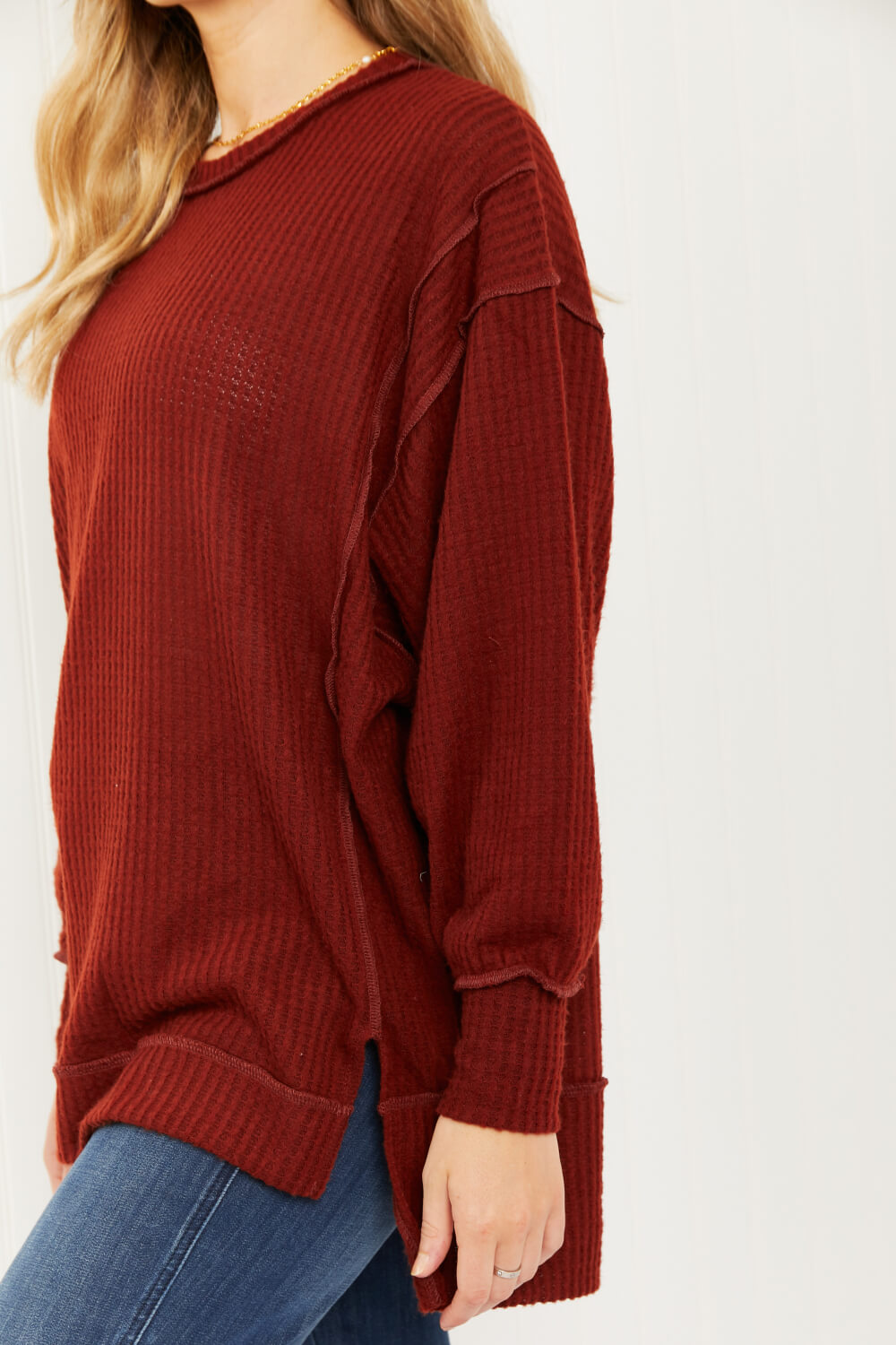 Zenana Alta Heights Full Size Waffle Knit Exposed Seam Sweater -