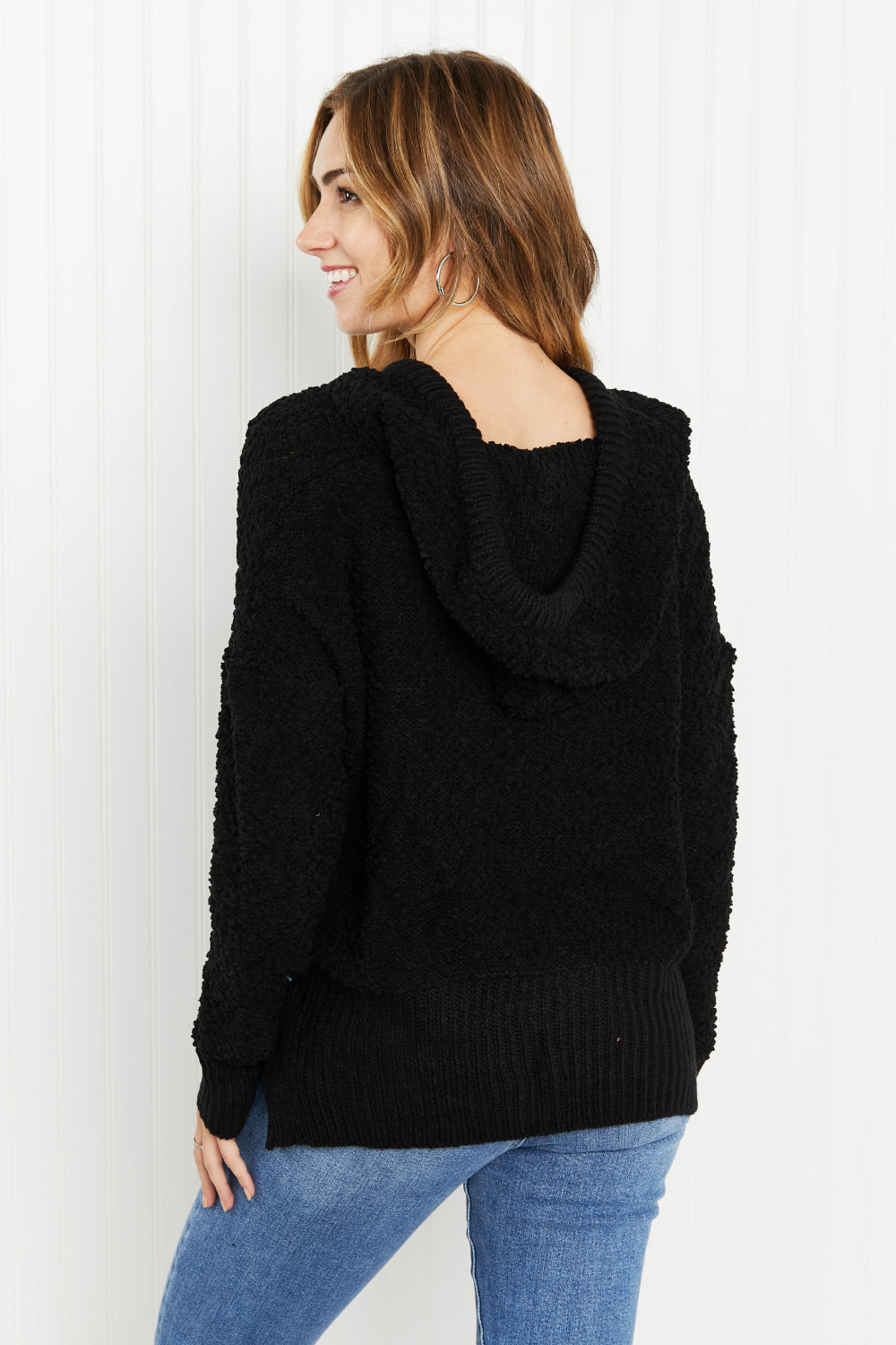 POL Game Night Full Size Textured Knit Hoodie in Black -