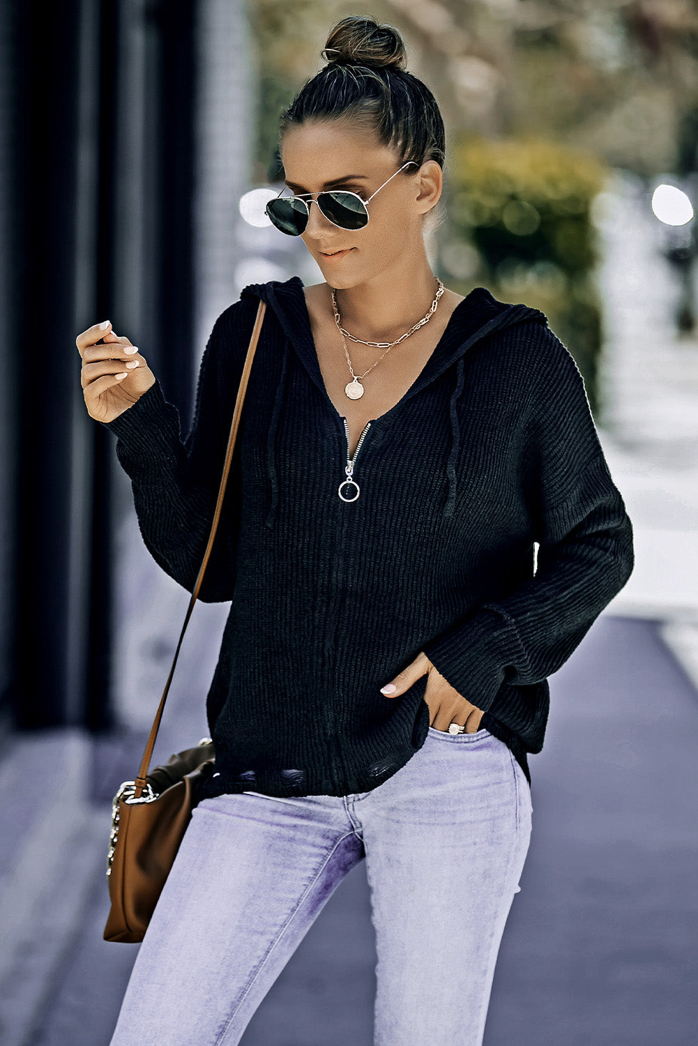 Zip-Up Distressed Hooded Cardigan -