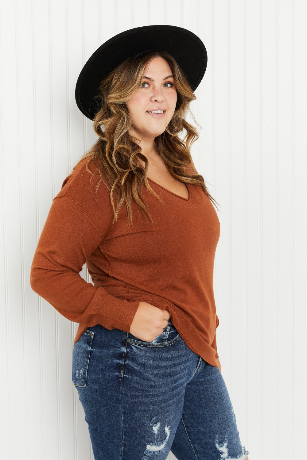 GeeGee Only the Best Full Size Rolled Edge V-Neck Sweater -
