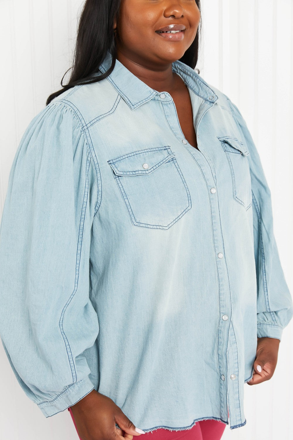 Davi & Dani Sitting Fireside Full Size Button Down Denim Shirt -