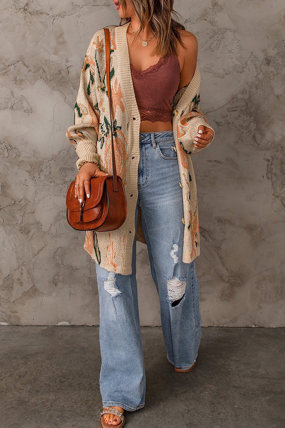 Floral Pattern Ribbed Trim Cardigan -