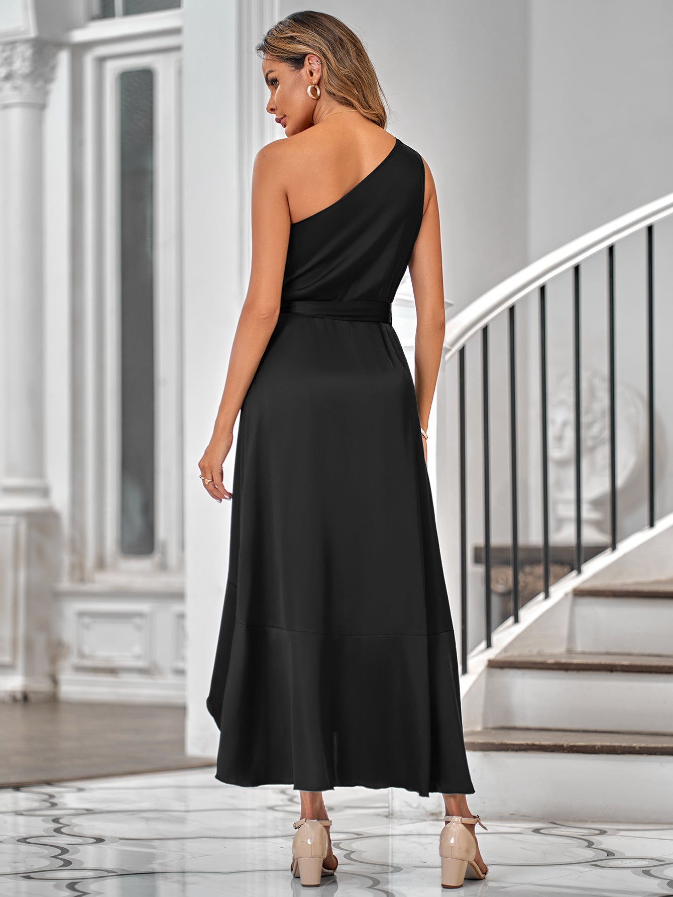 One-Shoulder Belted Ruffle Hem Dress -