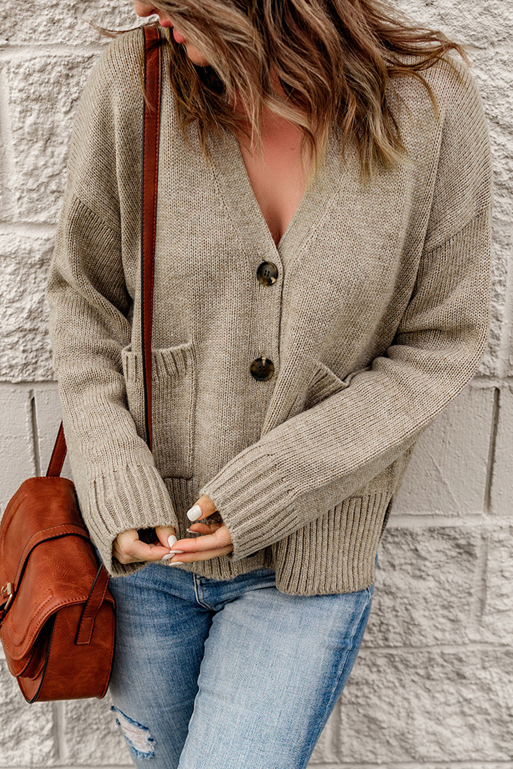 Ribbed Trim Button Down Cardigan with Pockets -