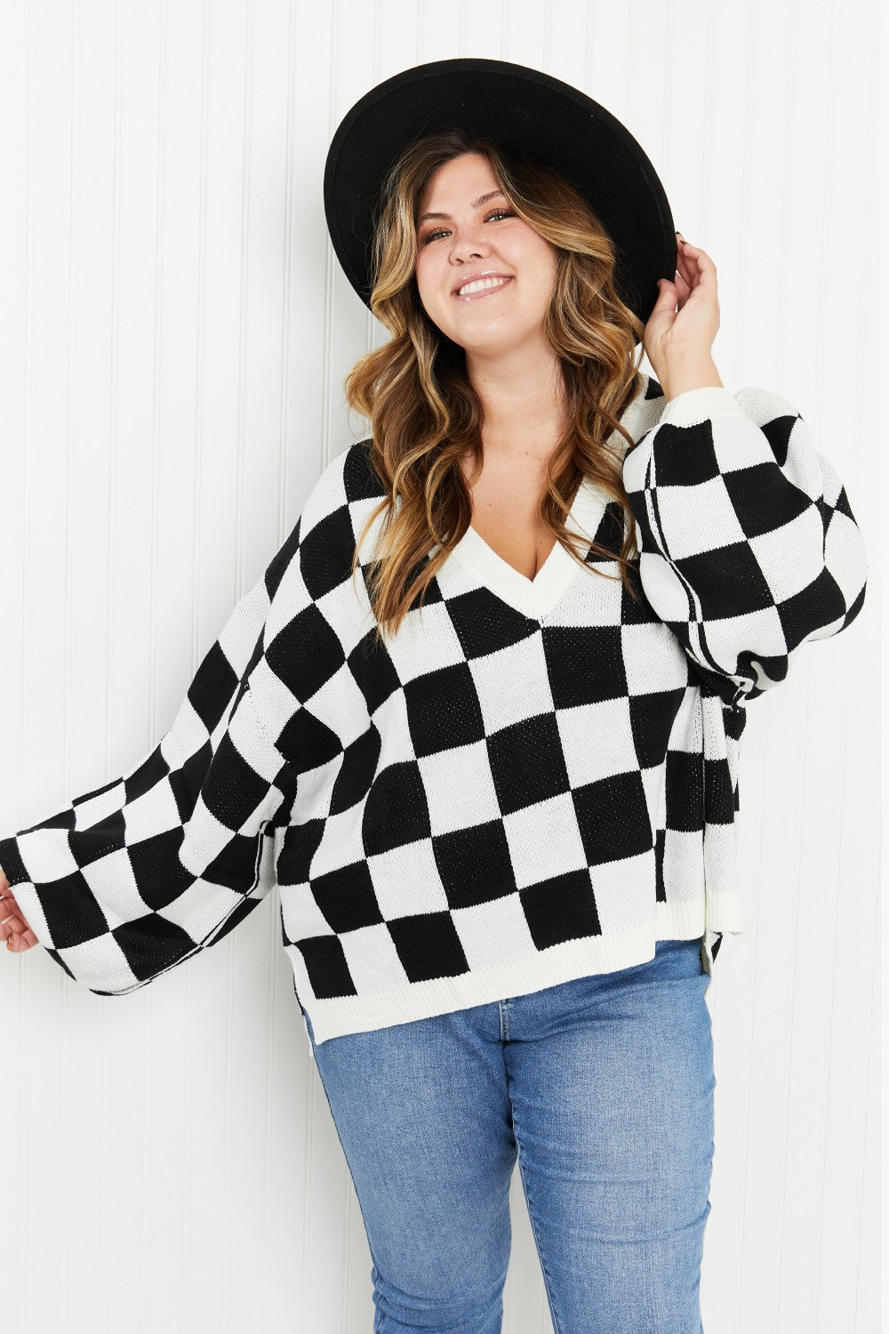 Davi & Dani Reality Check Full Size Checkered V-Neck Sweater -