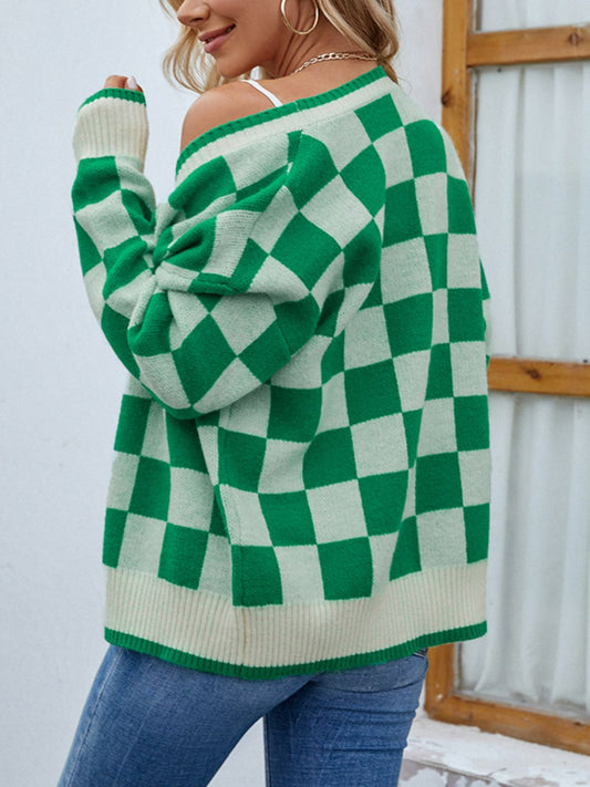Checkered Button Front Ribbed Trim Cardigan -