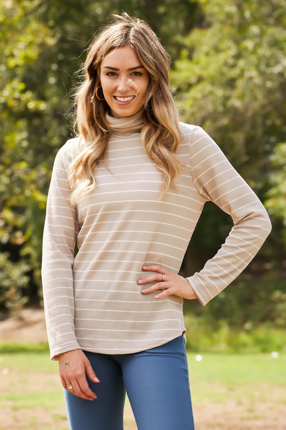 CY Fashion Since When Full SIze Striped Long Sleeve Turtleneck Top -