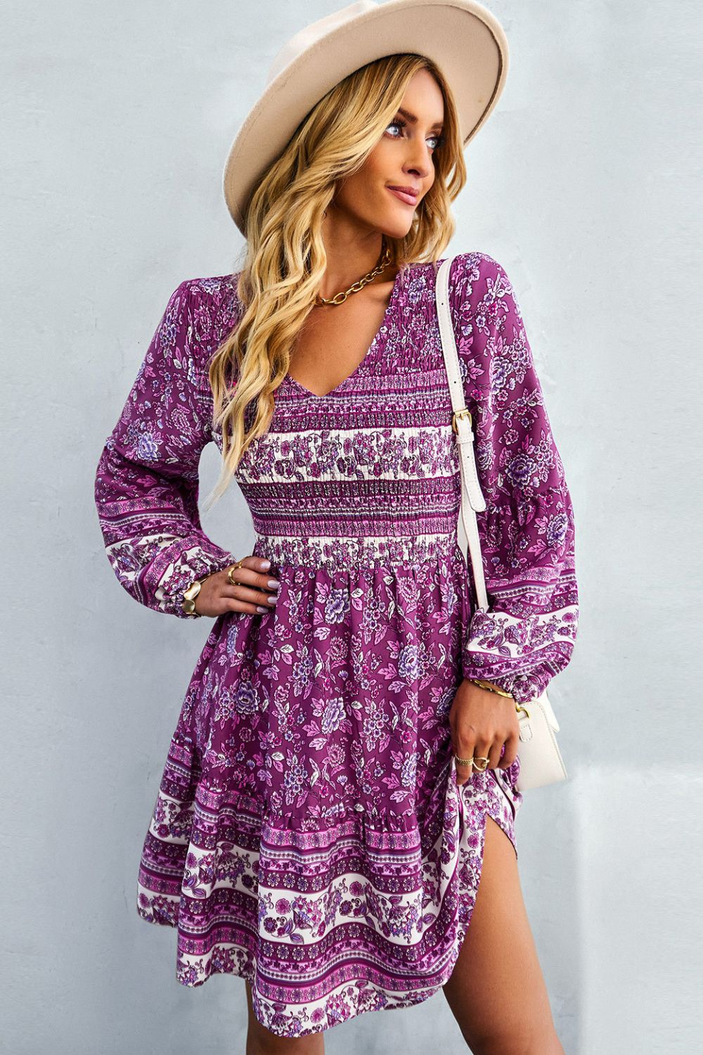 Bohemian V-Neck Balloon Sleeve Dress - Purple / S