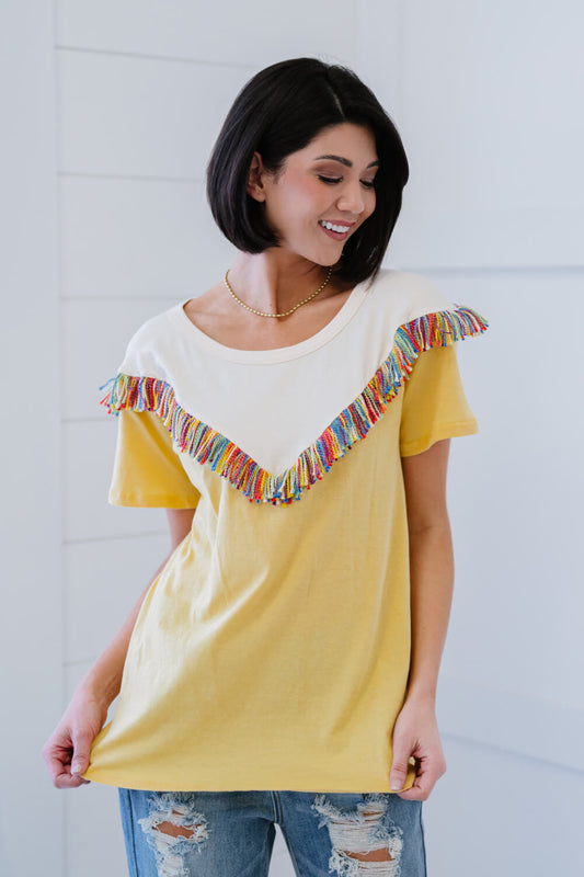 BiBi Saddle Up Fringe Detail Tee in Yellow -