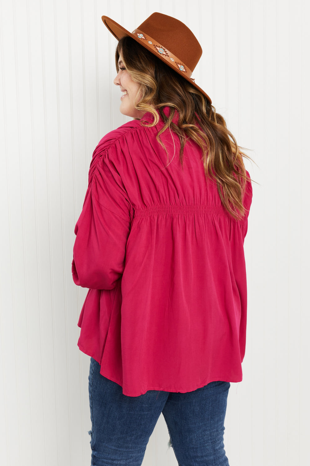 Andree by Unit Delectable Taste Full Size Ruched Detail Button-Down Shirt -